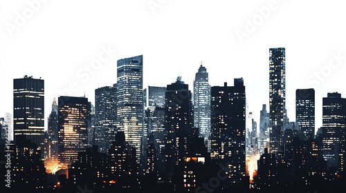 City skyline silhouettes stand against a night sky, a striking urban cityscape view of downtown skyscrapers and modern business architecture on white background
