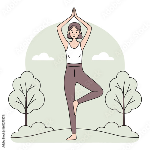 Woman in tree pose yoga outdoors with trees and clouds vrikshasana balance