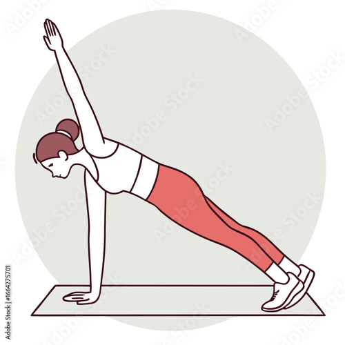 Woman performing side plank exercise on yoga mat fitness
