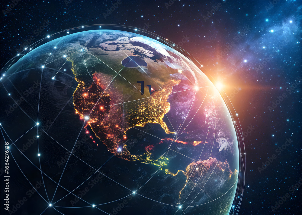 Fototapeta premium Glowing Earth with Satellite Network Connections Illuminating North and Central America at Night from Space Sunrise Background