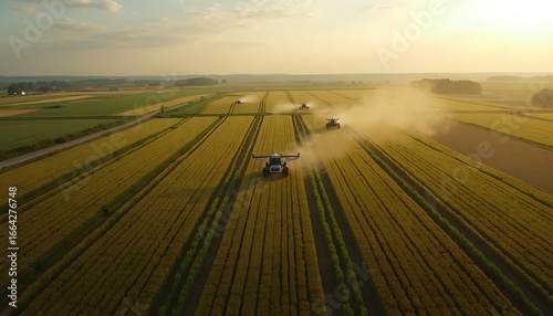 Luftaufnahme von Mähdreschern bei der Ernte auf großen Feldern 
