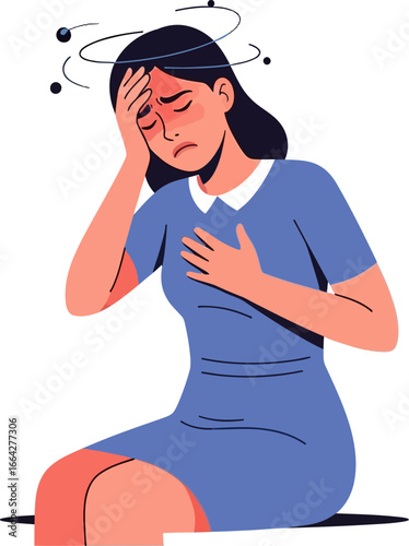 Woman experiencing dizziness and headache, clutching her head and chest in discomfort