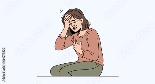 Woman experiencing severe distress holding her head and chest in pain