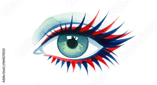 Eye makeup watercolor art illustration beauty fashion eyelashes blue red cosmetic design graphic artistic look