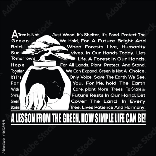 “Inspirational black and white illustration featuring a bonsai tree and two figures admiring it, combined with motivational eco-friendly text about nature, simplicity, and harmony. Perfect for posters