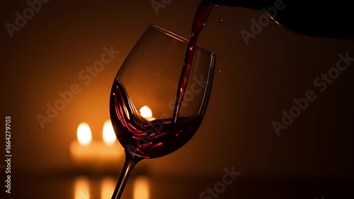 Pouring red wine into a glass with soft candlelight in the background, creating a cozy atmosphere