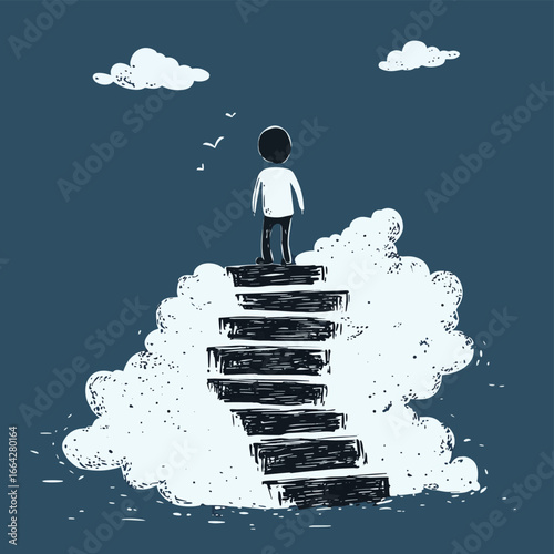 Vector cartoon stick figure drawing conceptual illustration of man or businessman walking up the stairs to heaven or success. Business concept of challenge