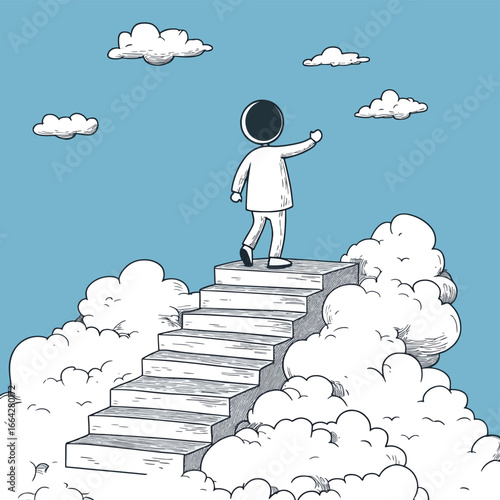 Vector cartoon stick figure drawing conceptual illustration of man or businessman walking up the stairs to heaven or success. Business concept of challenge