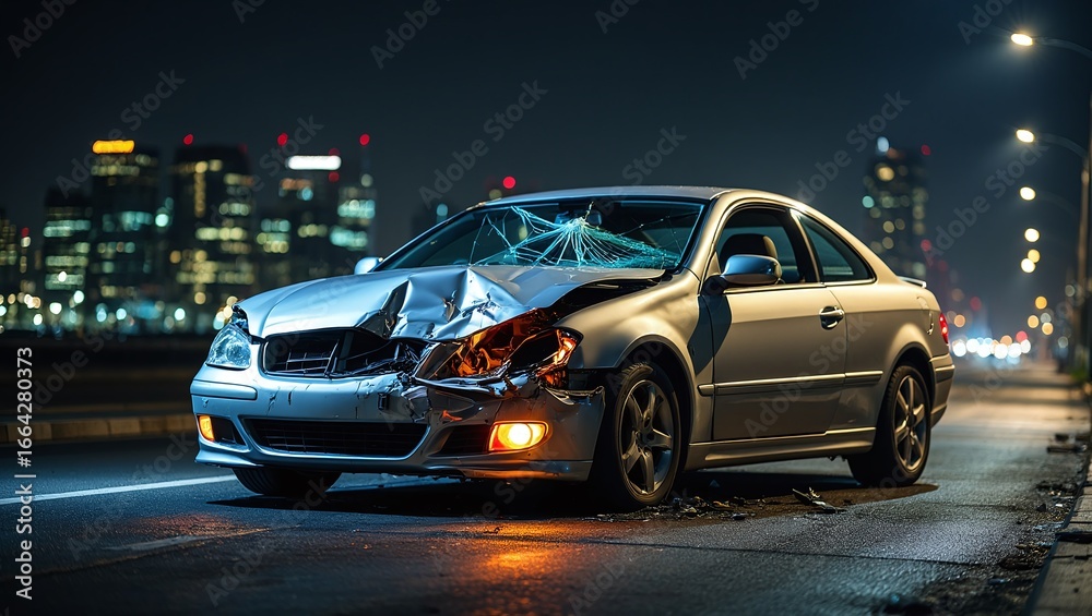 Fototapeta premium Damaged Silver Car After Nighttime Accident with City Skyline in Background Emphasizing Road Safety and Consequences of Reckless Driving