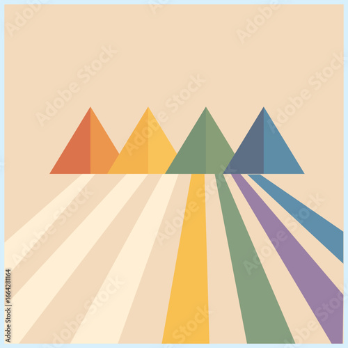 A minimalist illustration of an Egyptian pyramid with colored light rays, creating an abstract and modern feel that represents history, culture, and visual arts.