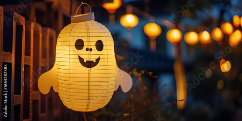 Whimsical ghost lantern glows warmly at night, illuminating festive outdoor decorations.