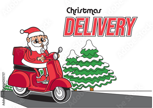 Santa Claus character riding a red scooter for fast Christmas delivery service. Holiday shipping concept