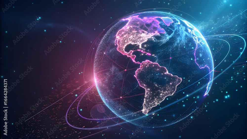 Naklejka premium Glowing Holographic Earth Globe Composed of Pink Blue and Purple Particles Orbiting in a Dark Space Background with Light Trails