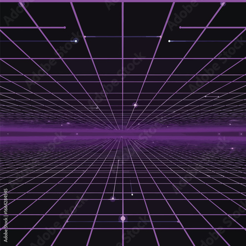 Seamless Pattern, Retro futuristic grid landscape with perspective and horizon in purple color scheme Stock royalty free image.