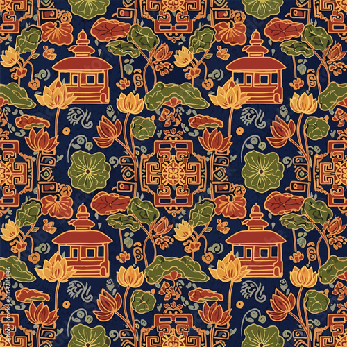 Seamless Pattern, Traditional Asian pattern featuring lotus flowers, pagodas, and decorative elements Stock royalty free.