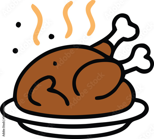 Roasted chicken: A stylized image of a golden-brown roasted chicken on a plate, emanating fragrant steam