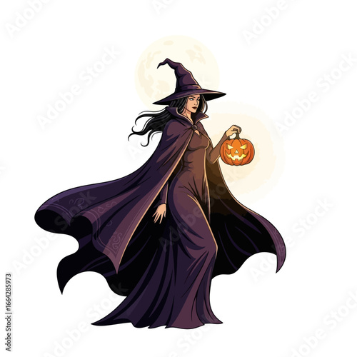 Illustration Art Vector of a Witch with Pumpkin Lantern and Full Moon in Elegant Style