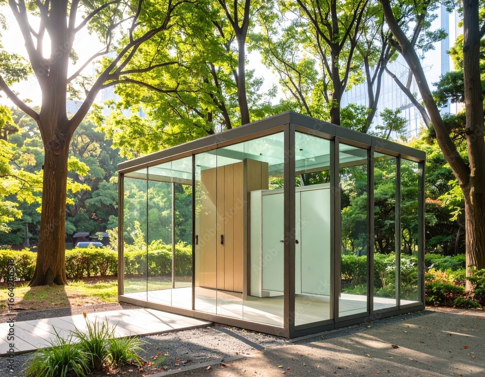 Fototapeta premium Transparent glass design public toilet installed in the park/公園に設置された透明ガラスのデザイン公衆トイレ