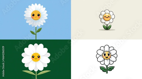 Daisy flower illustrations with cute, smiling faces on colorful backgrounds