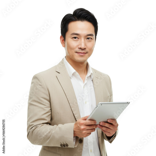 Asian businessman holding a tablet isolated on transparent background