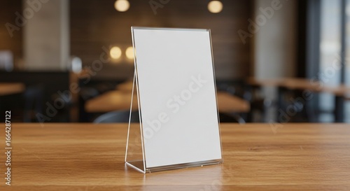 Tabletop sign holder on wood surface blurred background