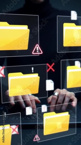 Cybersecurity Professional Analyzing Digital Files and System Errors on Virtual Screen Hands Typing on Laptop Keyboard with Warning Icons Illustrating Data 