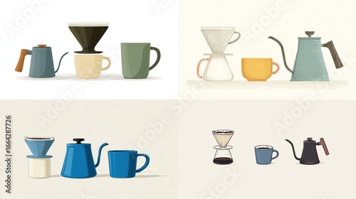 Wallpaper Mural Four minimalist illustrations showcase coffee brewing setups with kettles, pour-overs, and mugs Torontodigital.ca