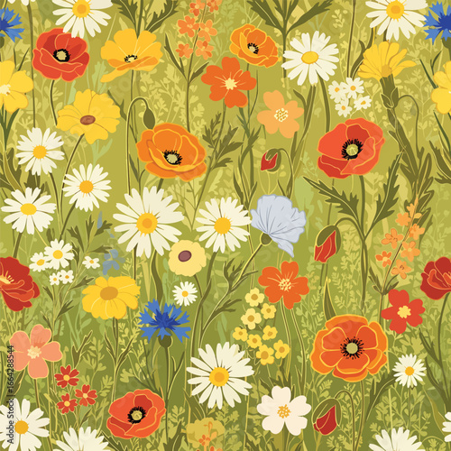 Seamless Pattern, Vibrant floral pattern featuring daisies, poppies, and cornflowers in a lush meadow Stock royalty free  image.
