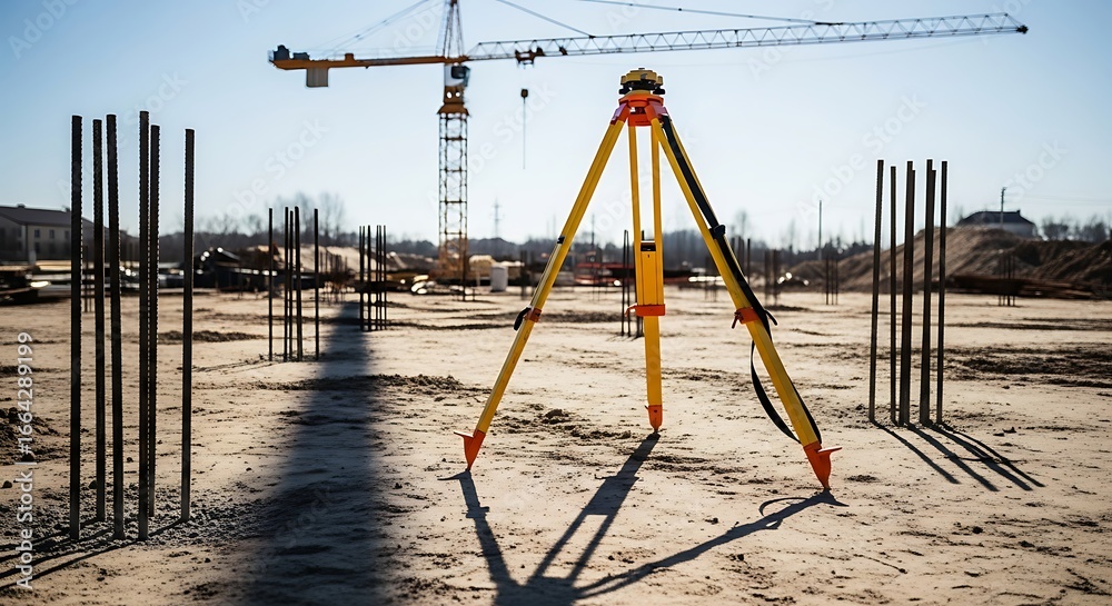 Fototapeta premium Construction site with surveying equipment in the foreground and crane in the background