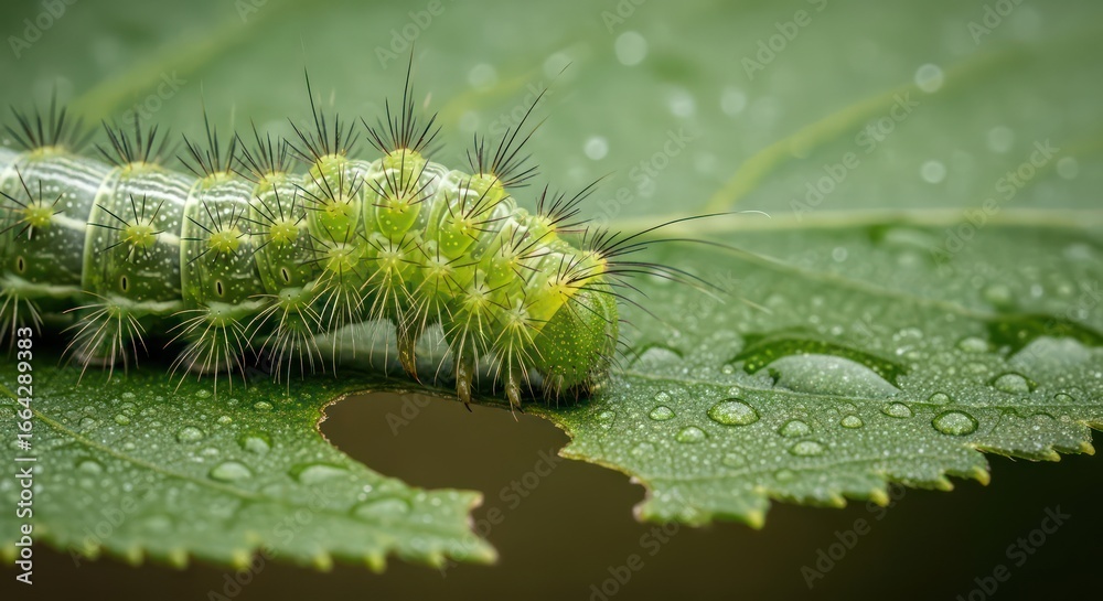Naklejka premium Detailed Macro Shot of a Green Caterpillar on a Dew-Kissed Leaf