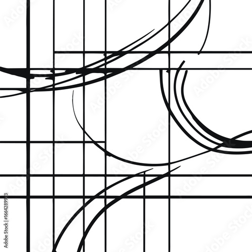 Abstract geometric background, bold straight and curved black lines intersecting in grid layout, minimalist modern line art on white canvas 1
