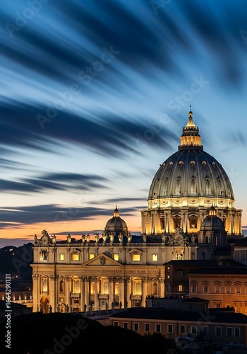 Illuminated basilica at twilight