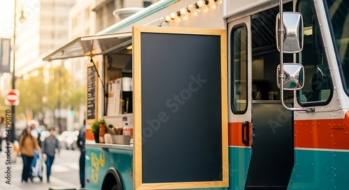 Food truck parked on the street with menu board