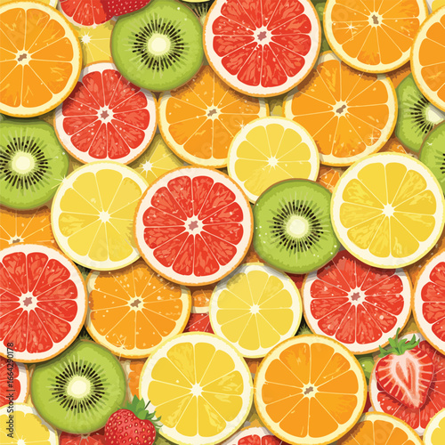Seamless Pattern, Vibrant fruit slices background featuring oranges, grapefruits, lemons, kiwis, and strawberries Stock royalty free.