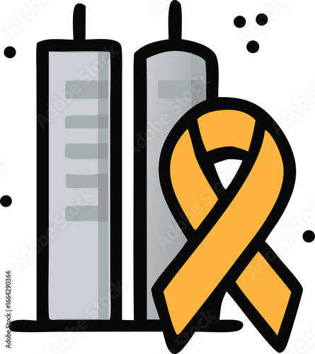 Twin Towers Memorial: Commemorating the enduring legacy, the illustration features the silhouette of the Twin Towers paired with a poignant ribbon, symbolizing remembrance.