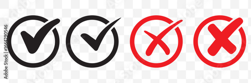 Check mark icon button set. Check box icon with right and wrong buttons and yes or no checkmark icons in green tick box and red cross. Isolated checkmark symbol, right and wrong sign concept. Icon.