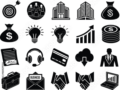Business Icons Set – Finance, Marketing, Office, and Strategy Symbols 