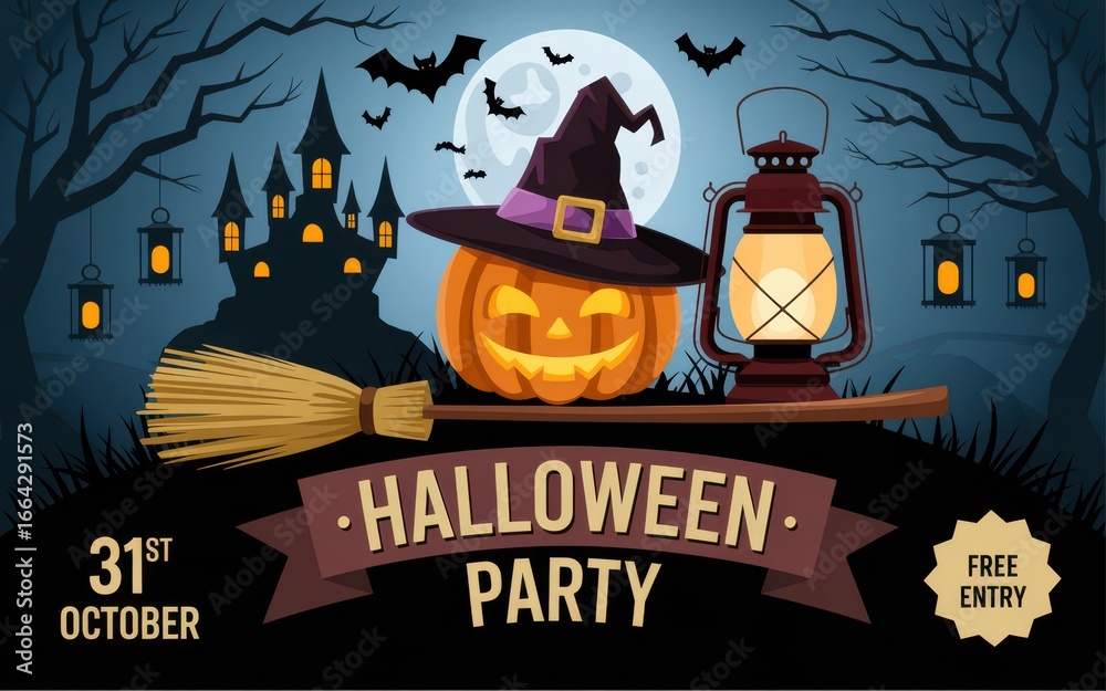 Fototapeta premium Spooky Halloween event poster with pumpkin and night castle