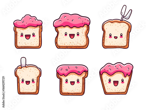 Cute Cartoon Slices of Bread with Pink Icing and Faces in Various Expressions on Transparent Background