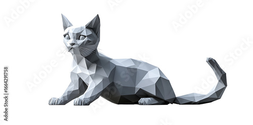 Geometric Silver Cat Sculpture on Transparent Background Modern Artistic Animal Decor
