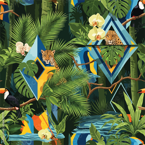 Seamless Pattern, Vibrant jungle wildlife illustration featuring jaguars, toucans, and lush foliage Stock royalty free.