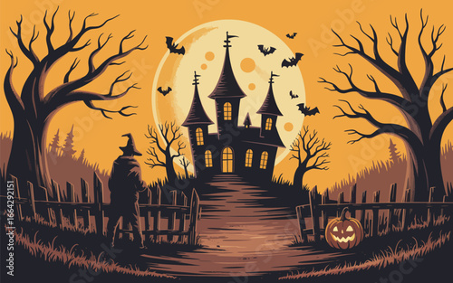 Spooky Halloween castle illustration with full moon and bats
