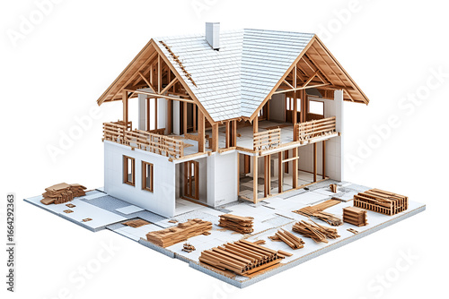 Wooden House Under Construction with Building Materials and Framework in Progress