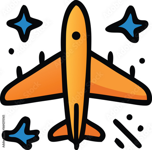 Airplane Journey: A bright airplane is soaring through the sky with some star illustration, the plane depicts the beginning of journey.