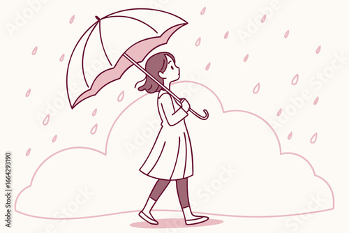 Anime girl with umbrella in gentle rain soft pastel colors elegant silhouette style atmospheric and serene mood