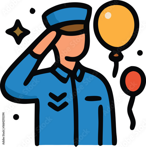 Salute to Patriotism: An illustrated serviceman in ceremonial uniform, saluting with reverence, accompanied by festive balloons and stars, symbolizing honor and celebration of service.