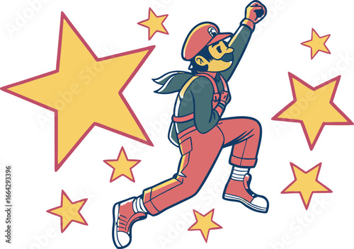 Retro pixel art character leaping with stars in a dynamic silhouette evoking classic arcade adventure games and a sense of energetic motion