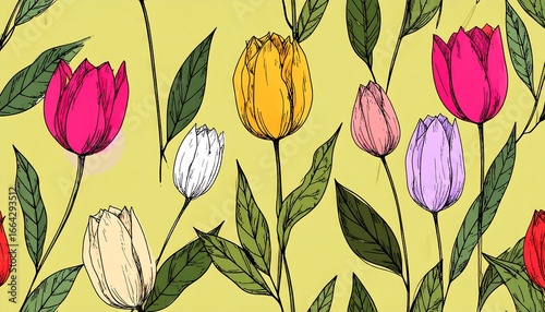 Colorful Tulip Floral Pattern, Seamless Design