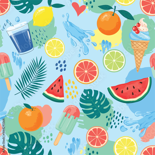 Seamless Pattern, Vibrant summer fruit pattern with refreshing drinks and tropical leaves design Stock royalty free.