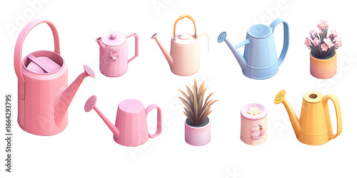 Colorful Watering Cans and Potted Plants on Transparent Background